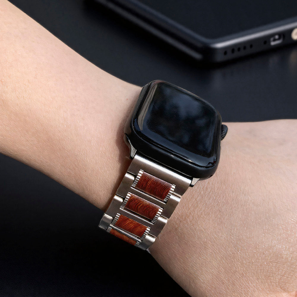 Natural Red Sandalwood & Metal Watch Band