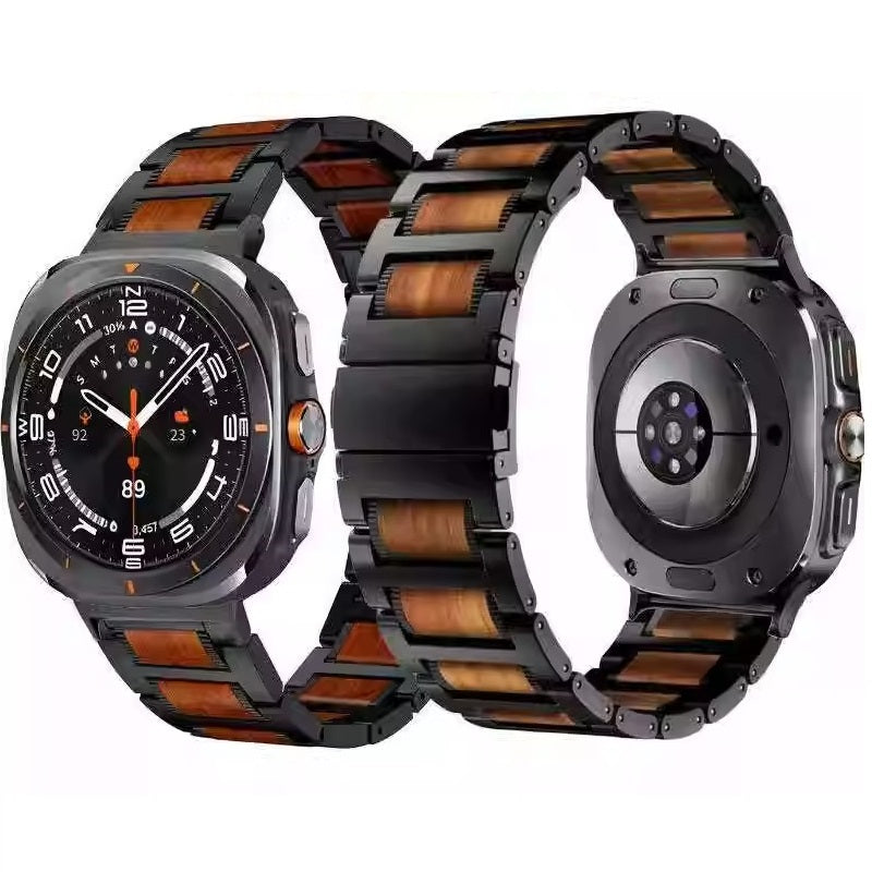 Natural Red Sandalwood & Metal Watch Band For Samsung Galaxy Watch