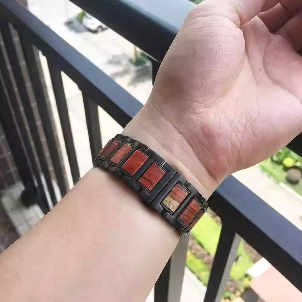 Natural Red Sandalwood & Metal Watch Band For Samsung Galaxy Watch