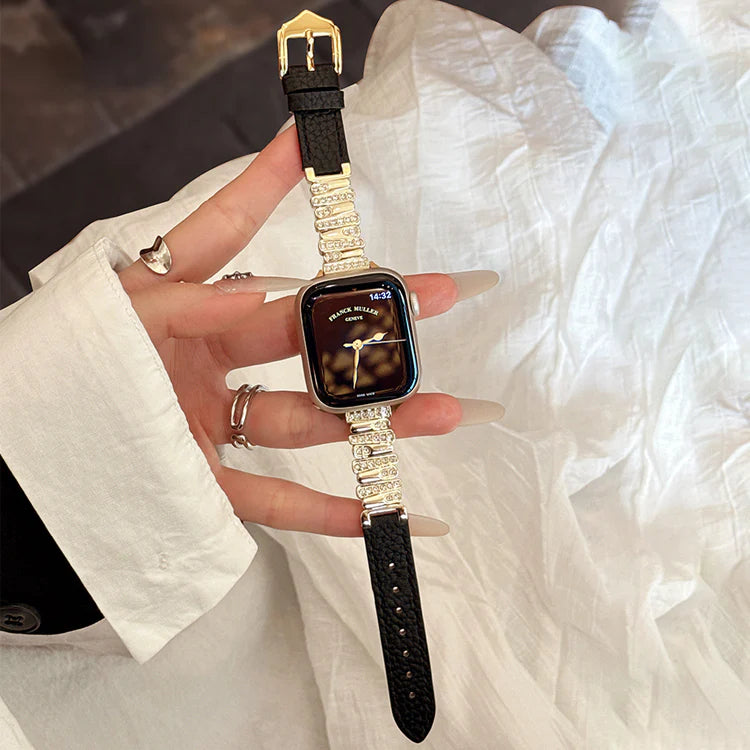 Personalized Diamond-Encrusted Leather Strap For Apple Watch