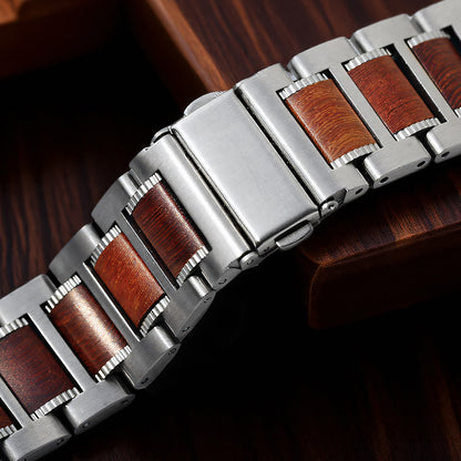 Natural Red Sandalwood & Metal Watch Band For Samsung Galaxy Watch
