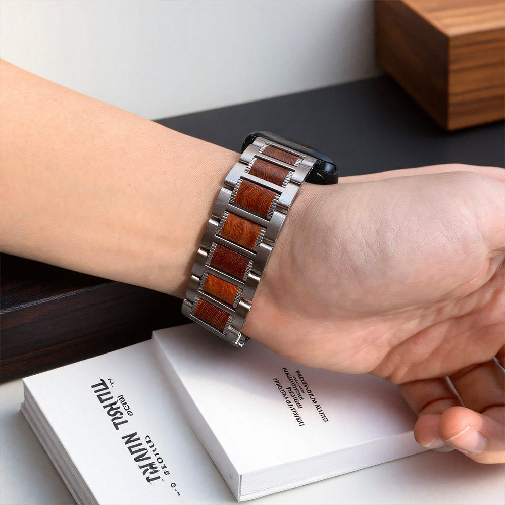 Natural Red Sandalwood & Metal Watch Band
