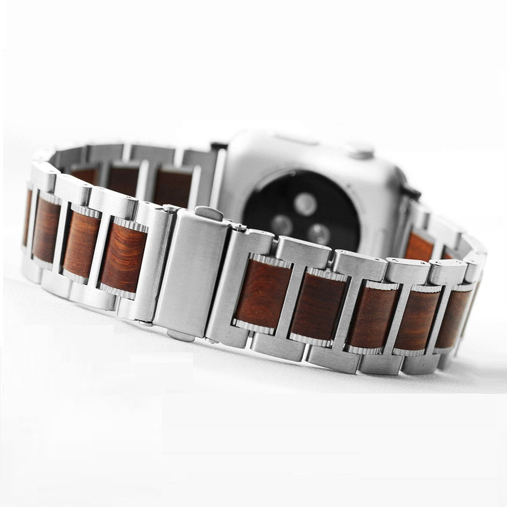 Natural Red Sandalwood & Metal Watch Band