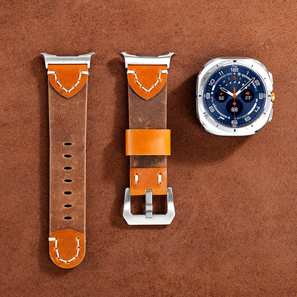 Retro Hand‑Stitched Cowhide Leather Strap For Samsung Galaxy Watch Ultra