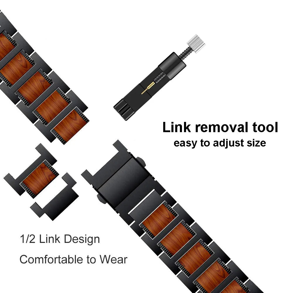 Natural Red Sandalwood & Metal Watch Band