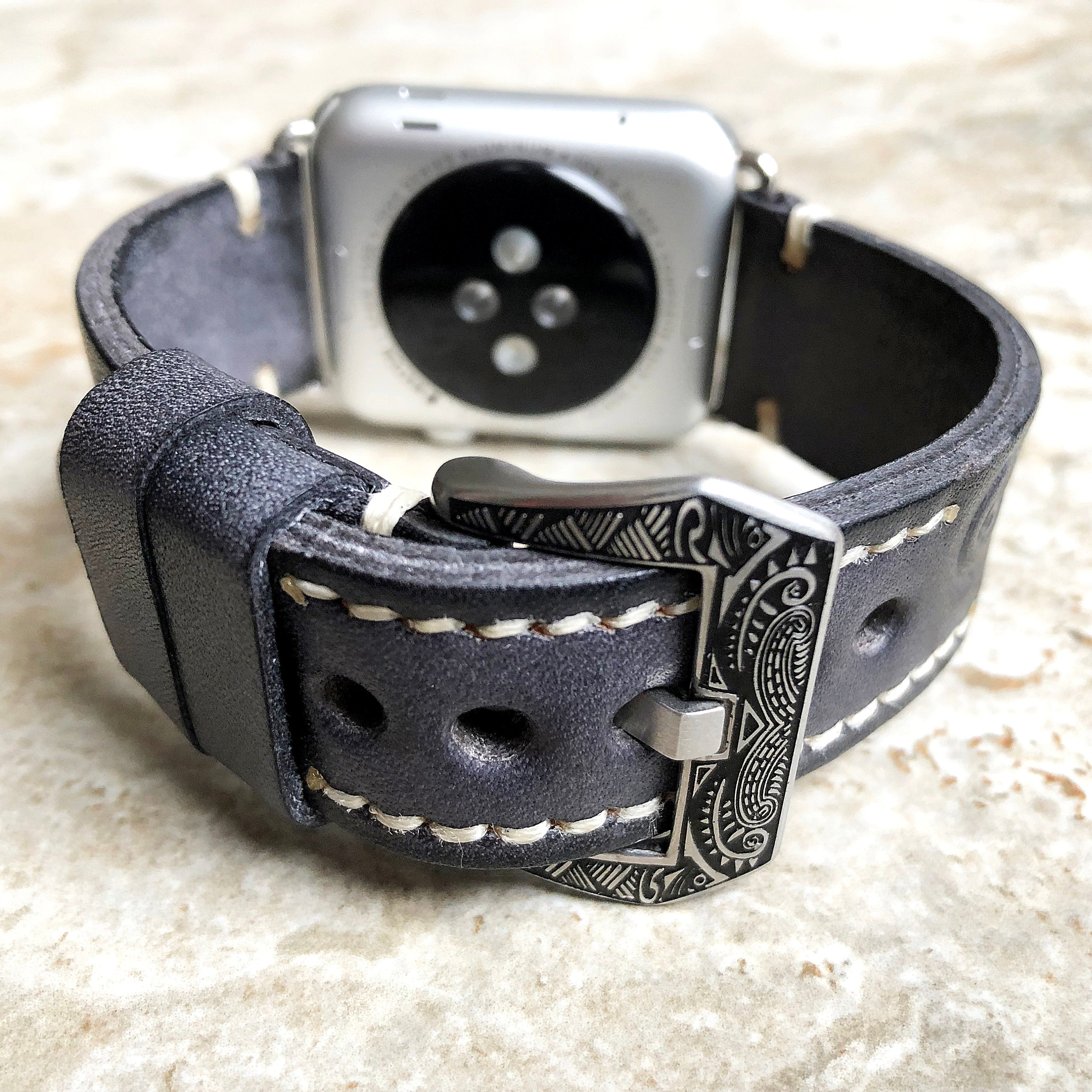 Hand-engraved embossed leather strap for apple watch