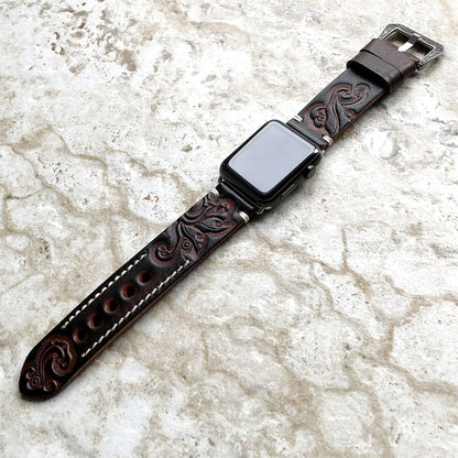 Hand-engraved embossed leather strap for apple watch