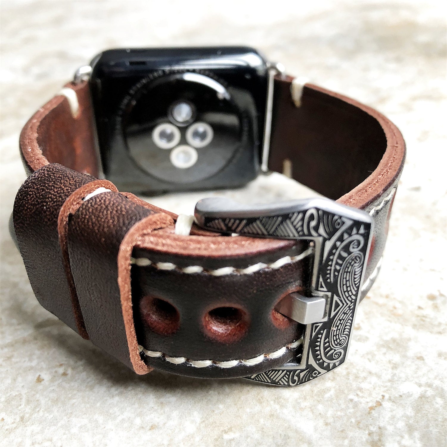 Hand-engraved embossed leather strap for apple watch