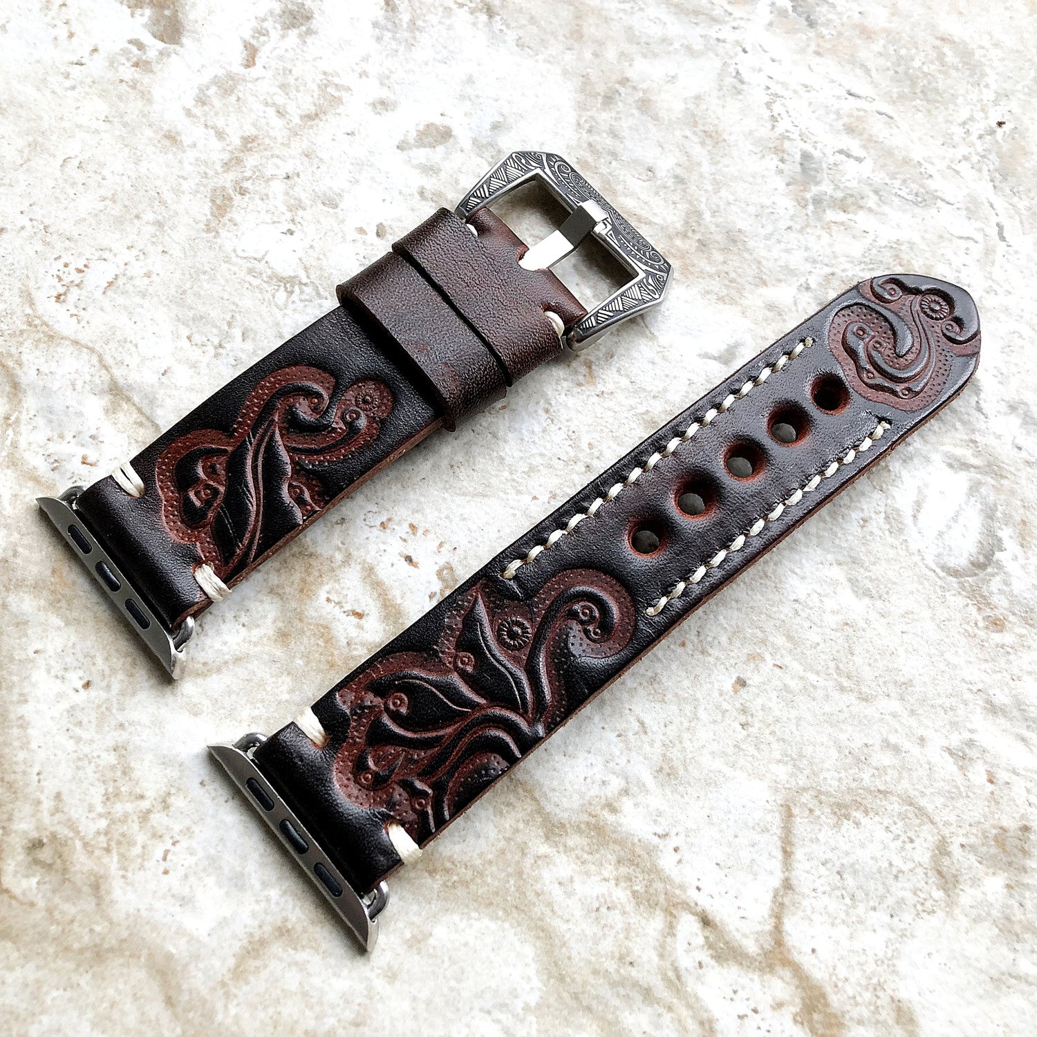 Hand-engraved embossed leather strap for apple watch