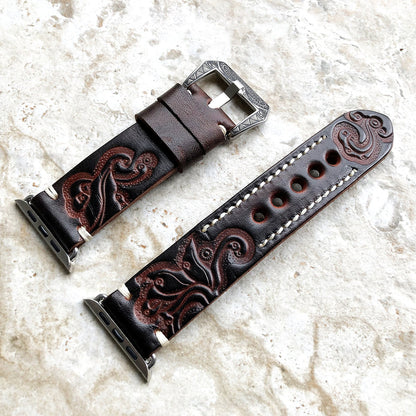 Hand-engraved embossed leather strap for apple watch