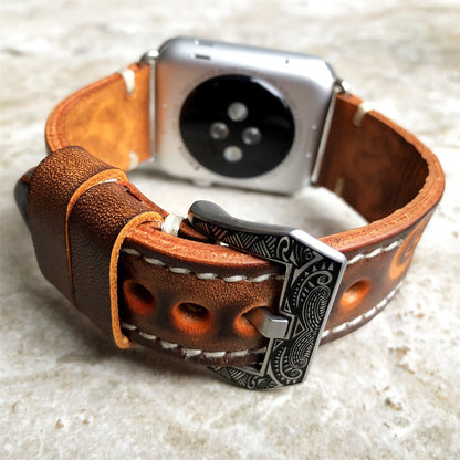 Hand-engraved embossed leather strap for apple watch